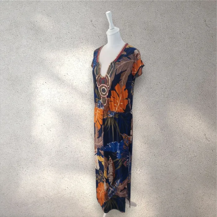 Robe longue fluide fendue et imprimée manches courtes taille unique - photo numéro 3