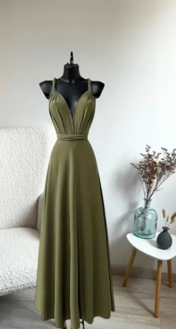 Robe couleur kaki plusieurs postions pour soirée