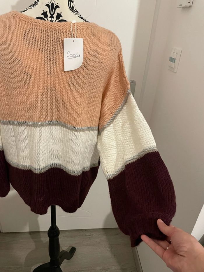 Pull manche longue maille rayure blanc bordeaux corail gris en alpaga neuf comtemplay taille 42 - photo numéro 5