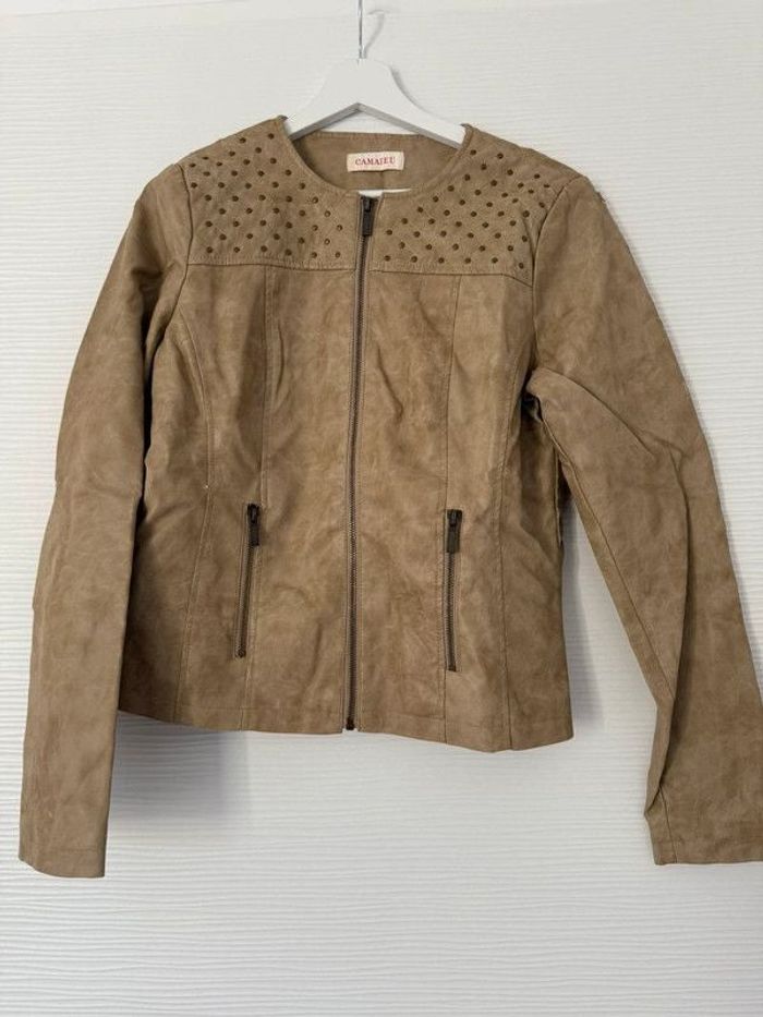 Veste perfecto classe similicuir beige marron camel avec poches et strass fermeture éclair