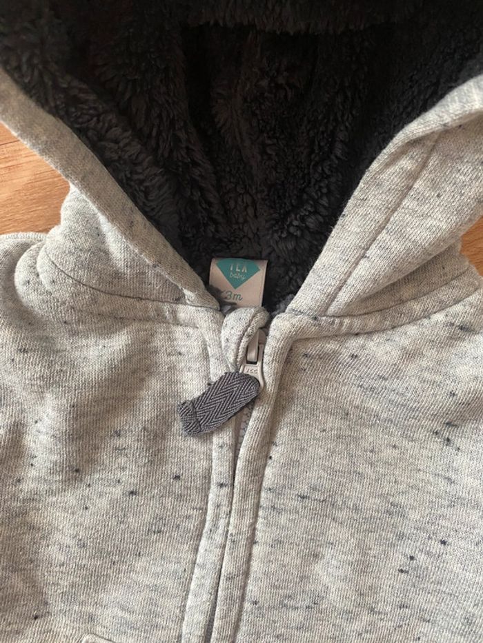 Gilet veste molletonner avec capuches et zip gris taille 3 mois Tex Baby - photo numéro 2