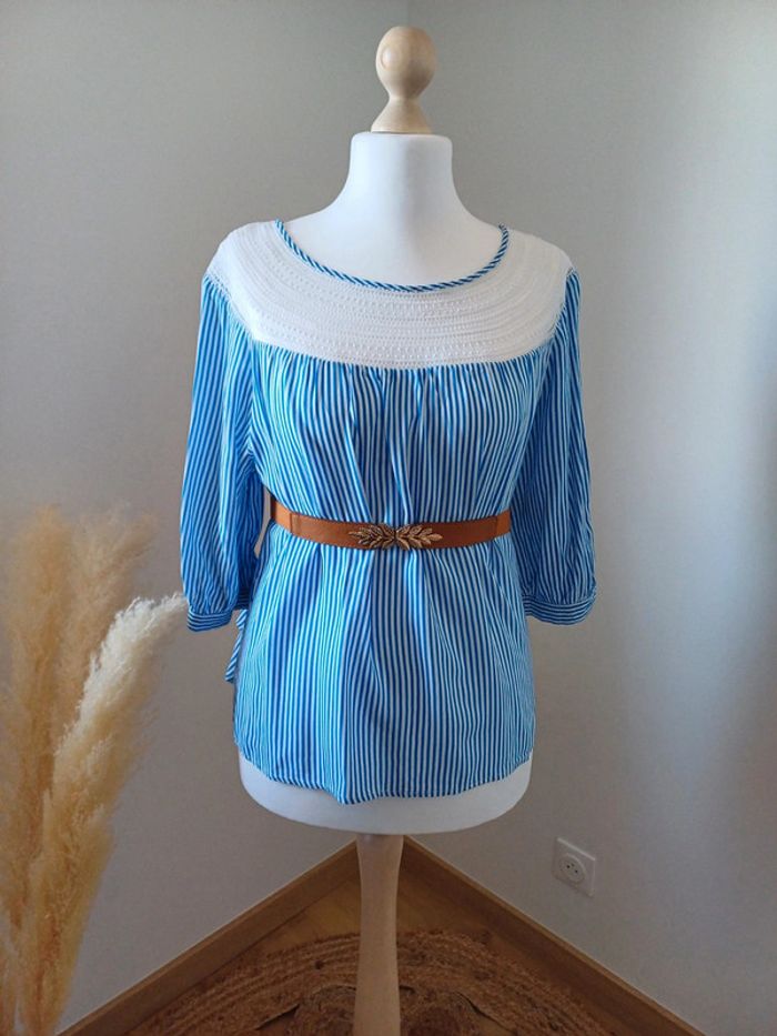 Blouse bleue rayée Camaieu taille L 40