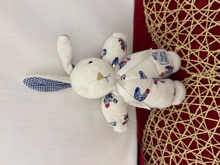 Doudou lapin blanc vichy bleu poule pigeon TARTINE ET CHOCOLAT voir photos yeux 110