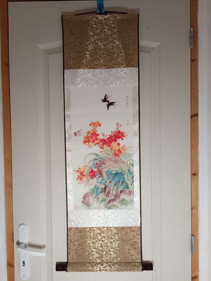 Print peinture hirondelle et fleurs lys en style Gong bi