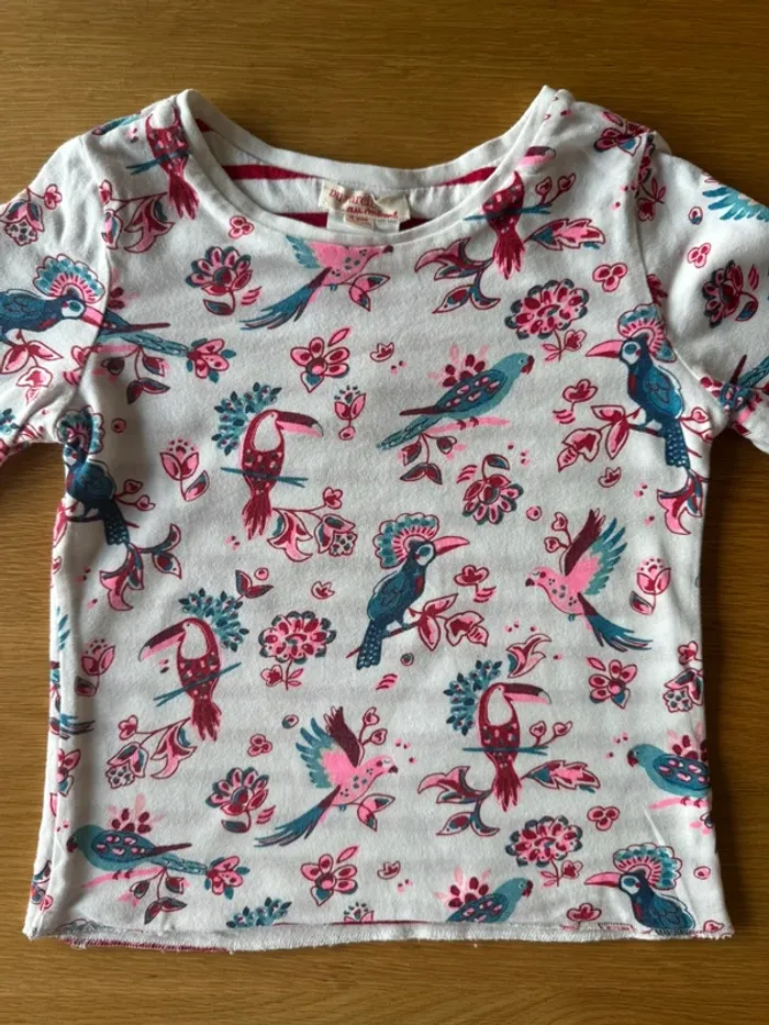 Teeshirt ML réversible un côté fond blanc oiseaux et fleurs, l’autre marinière - Taille 4 Ans - photo numéro 6
