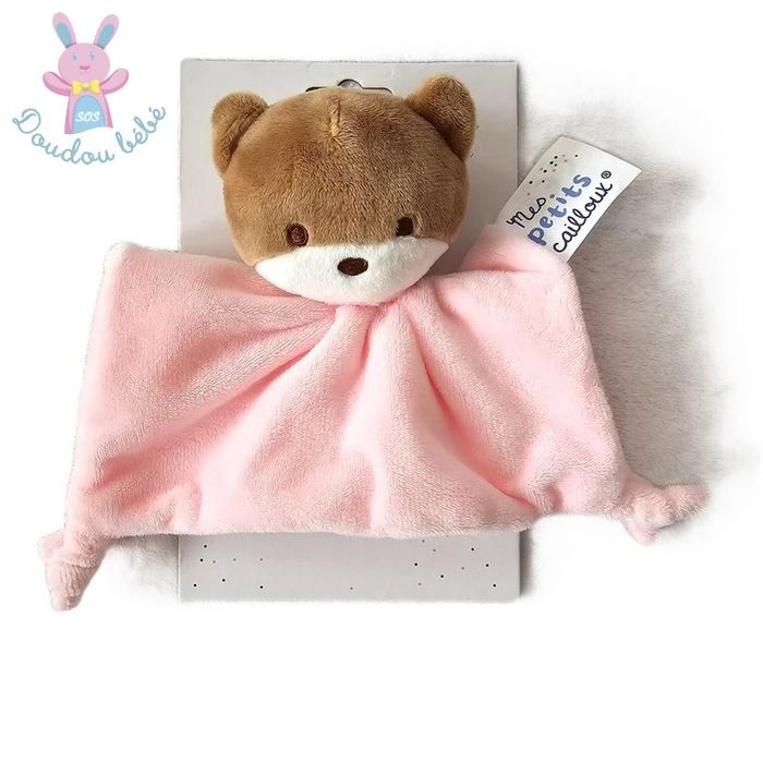 Doudou plat Ours marron blanc rose Mes Petits Cailloux