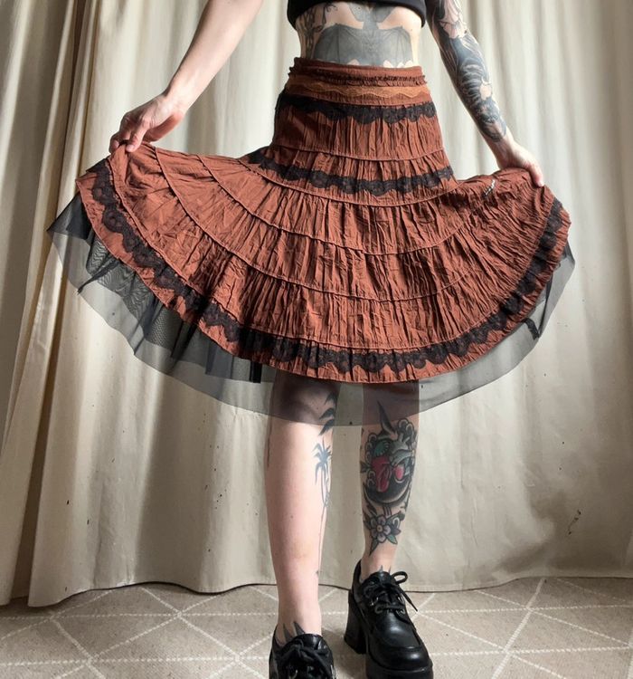 Jupe midi marron dentelle Witchy Fairygrunge vintage made in France 🇫🇷 90s - Taille S - photo numéro 2