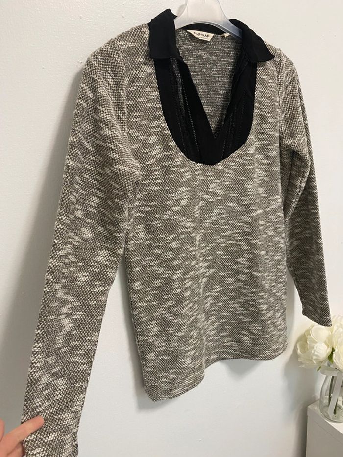 Naf Naf pull S 36 gris avec col noir - photo numéro 2