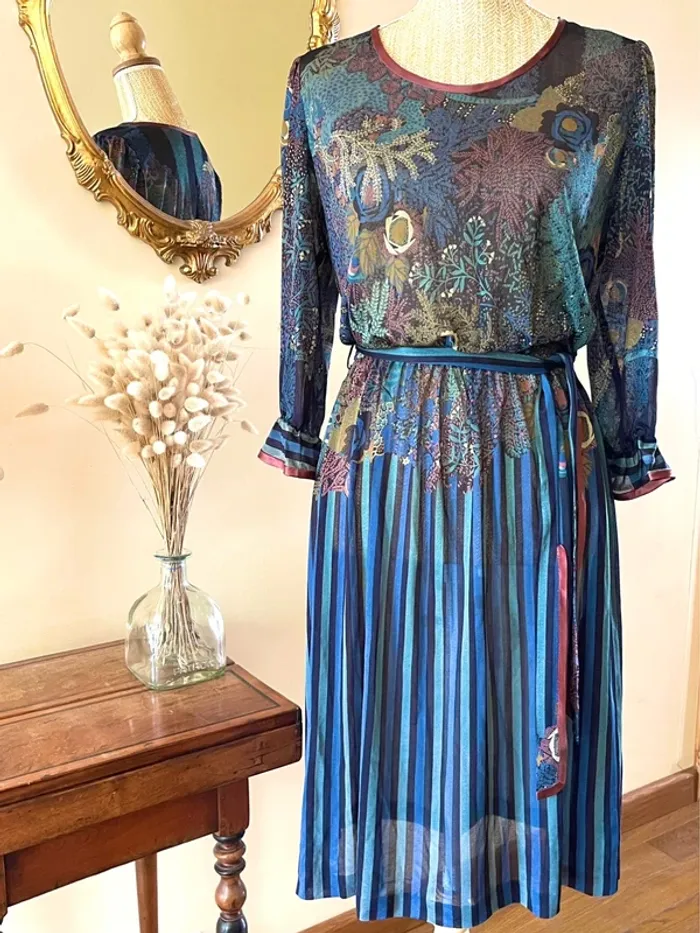 Robe à Motifs Végétal Panthère Plissé – Multi-Couleurs – Vintage – Taille M - photo numéro 2