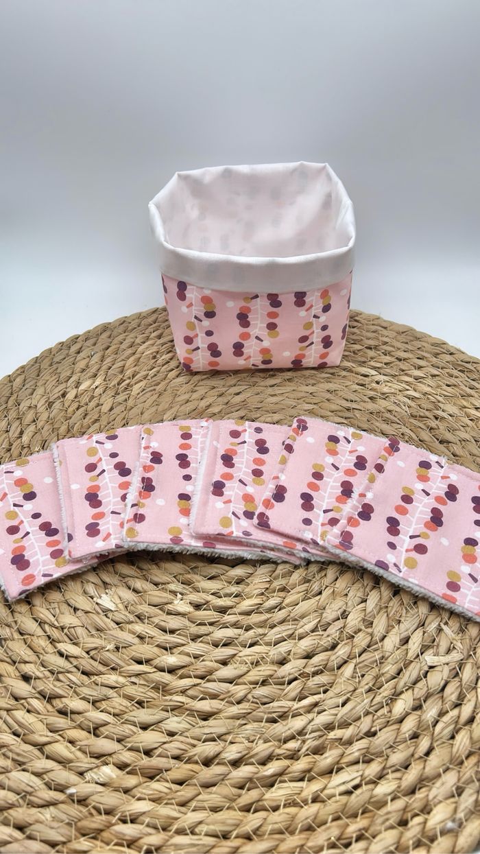 Panier + 6 lingettes lavables rose fait main