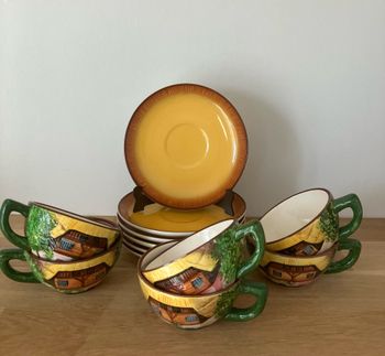 Vintage-Lot de 6 tasses et soucoupes-Thème chalet-West Germany