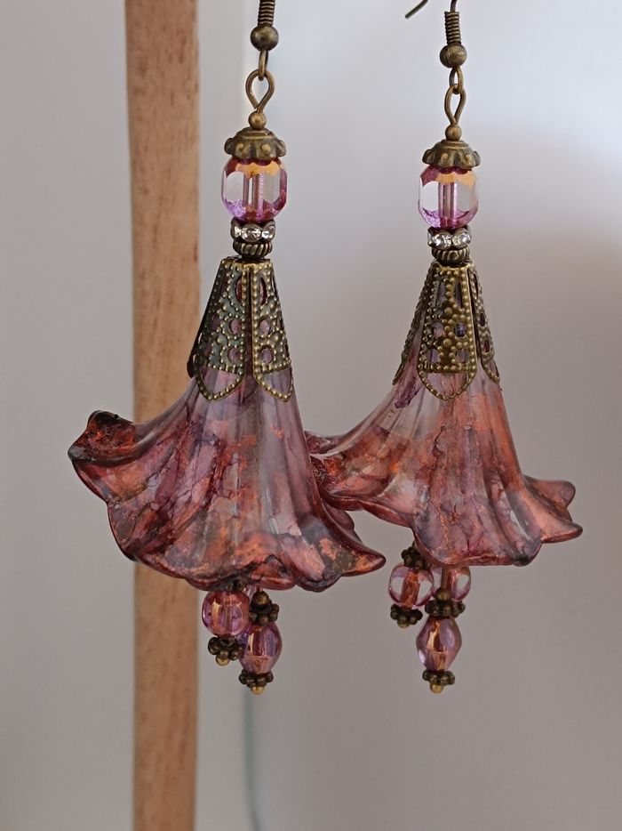 Boucles d’oreilles Fleurs féeriques Violet Prune, Rose Cuivré & Bronze Antique - photo numéro 3