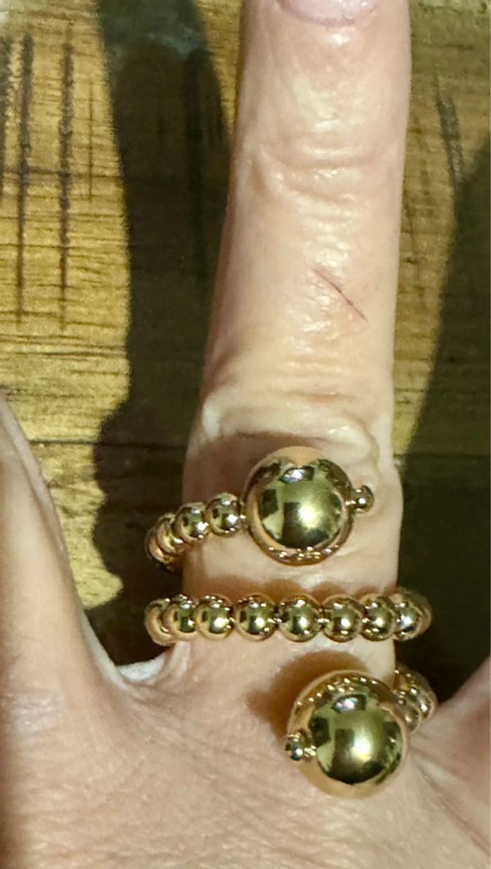 Bague large toutes en boules réglable acier inoxydable or neuve