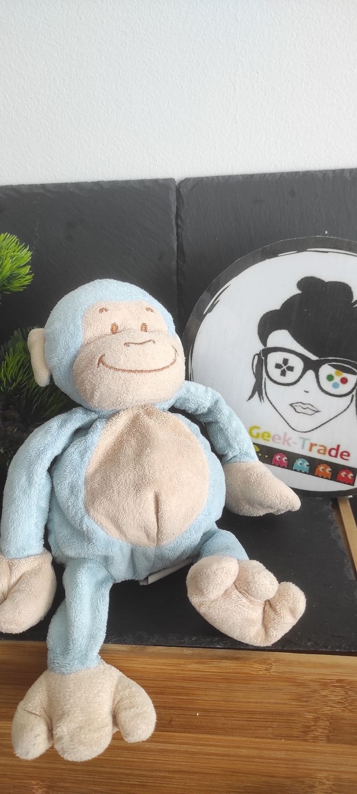 Peluche doudou singe bleu rose saumon bengy ancien pantin marron beige Jaune