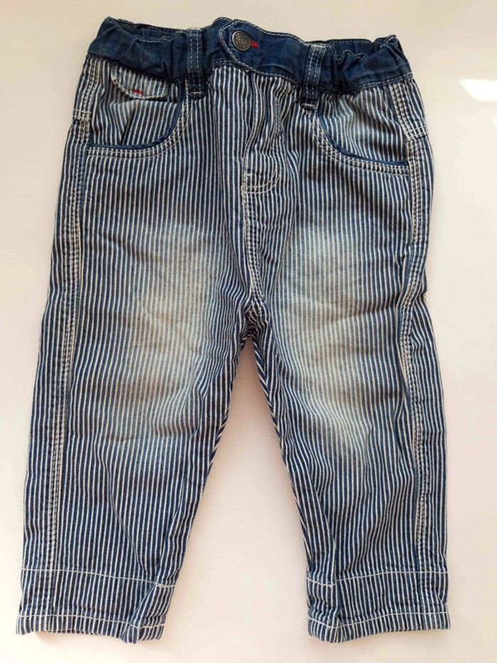 Pantalon Obaïdi jeans rayé bleu et blanc, bleu indigo, NEUF, 12 mois 74 cm