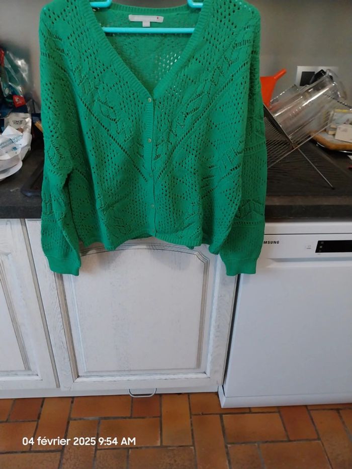 Gilet col V, maille ajourée couleur vert - taille 46/48 - Blancheporte - photo numéro 7