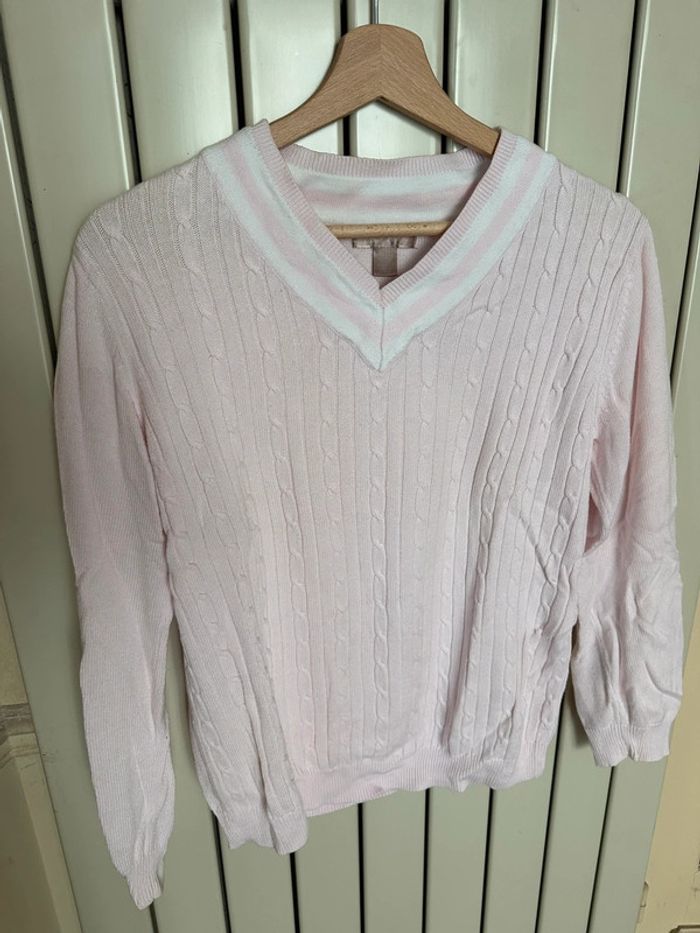 Pull col V rose et blanc vintage M
