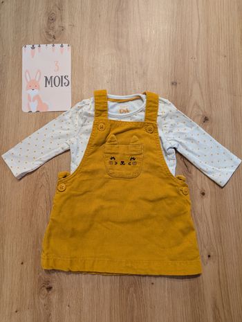 Ensemble salopette orange en velours côtelé et haut à pois orange à manches longues, 3 mois