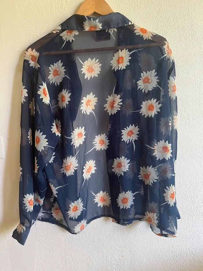 Chemise vintage transparente bleue marine fleurs blanches - photo numéro 7