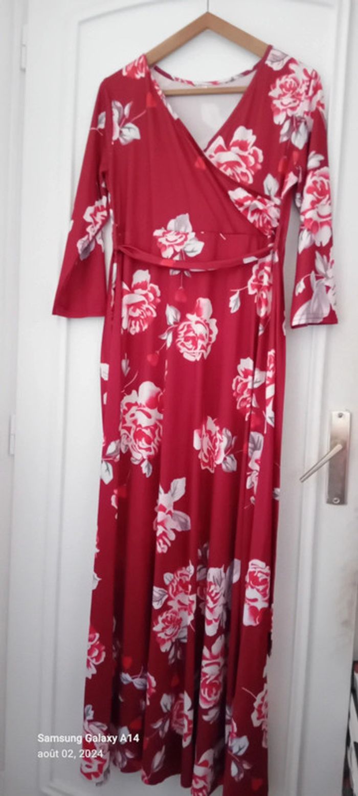 Robe très longue viscose motif roses bordeaux femme L - photo numéro 2