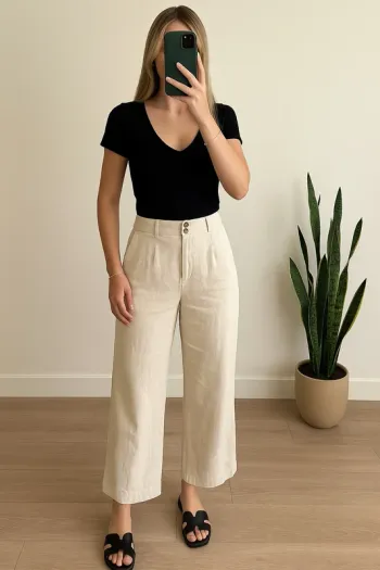 Pantalon crème en lin à jambes larges Zara – Taille S