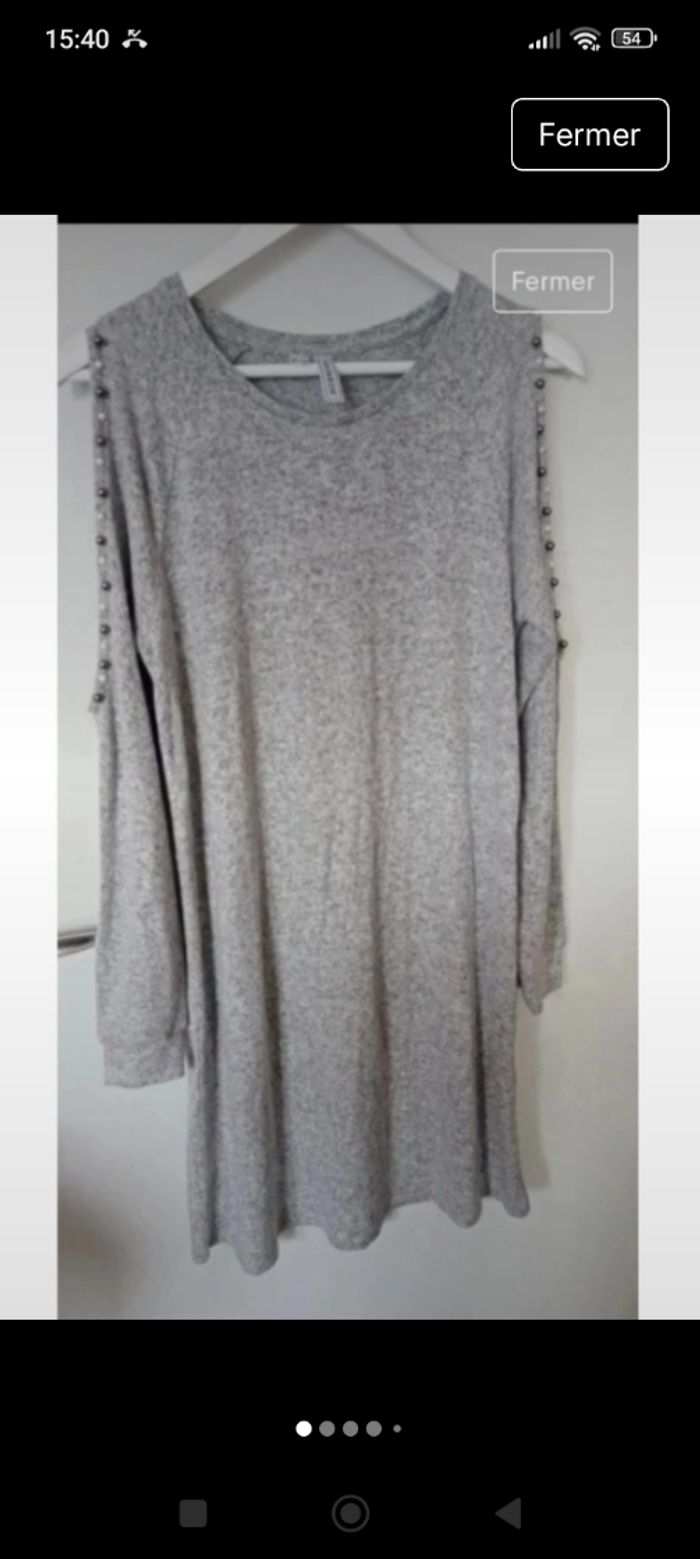 🖤ROBE PULL LAINE GRISE CHINÉ EPAULES NUES .PERLES. RAINBOWN.Taille M .38 - photo numéro 2