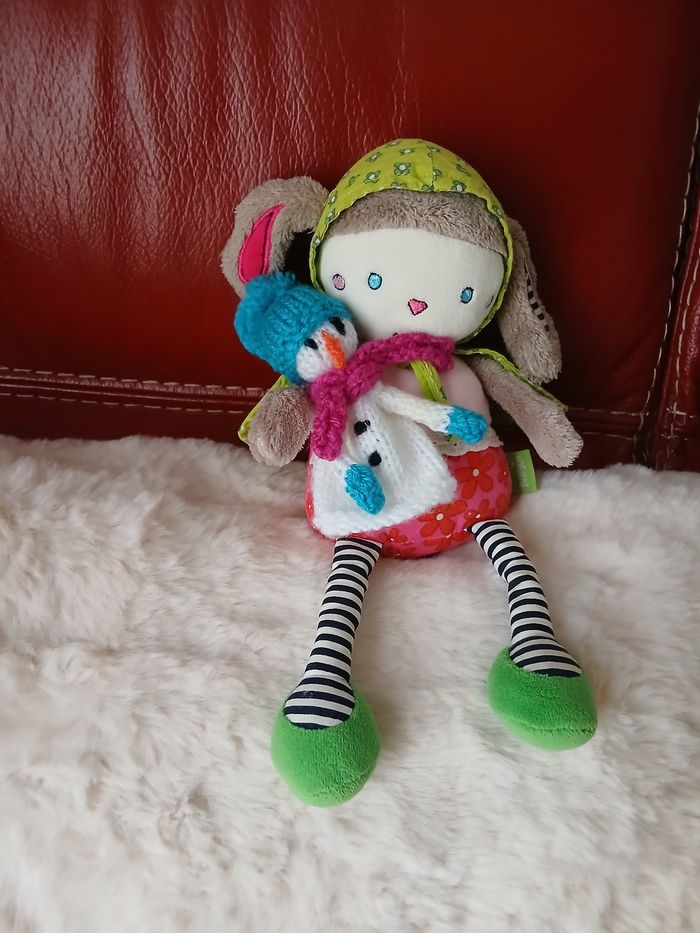 Poupée-chiffon "Lapin"avec grelot & son doudou Bonhomme de neige - photo numéro 6
