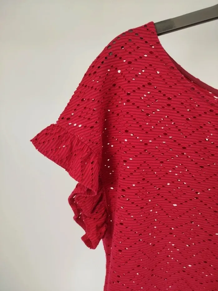 T-shirt rose fushia, manches volants broderie anglaise transparence taille M - A165 - photo numéro 2