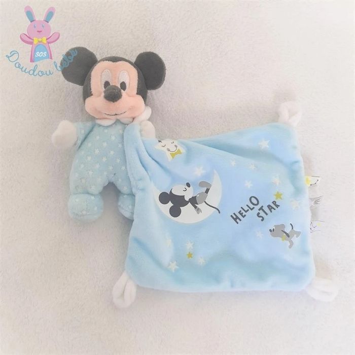 Doudou Souris Mickey mouchoir bleu étoiles Hello Star Disney