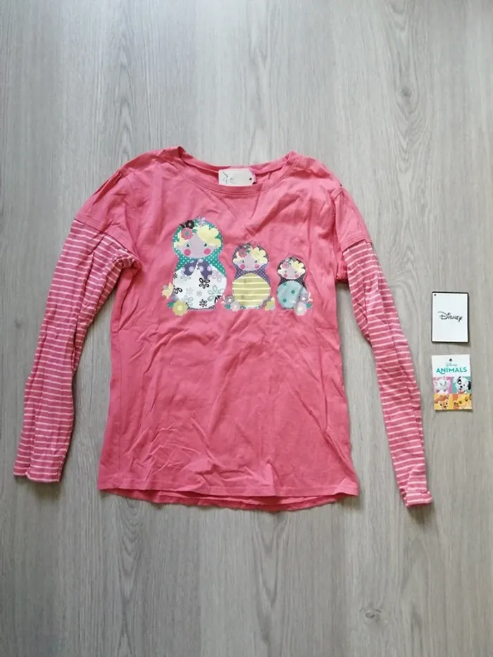 Tee-shirt manches longues rose rayées imprimé poupées russes / kiabi / (10ans)