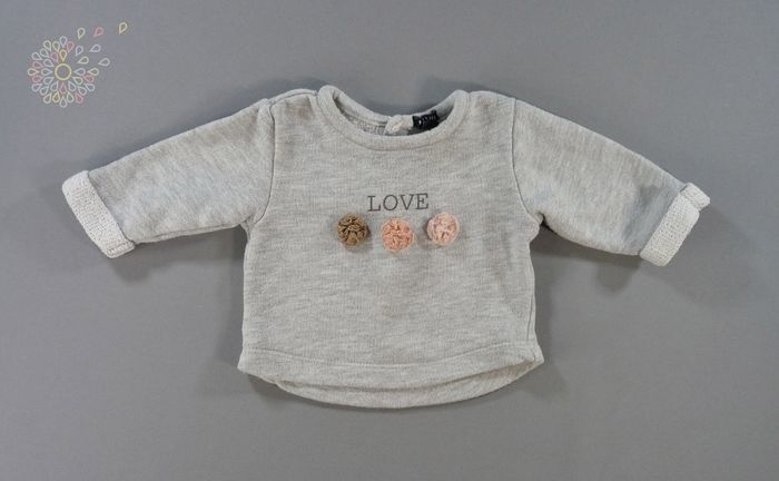 Pull sweat molleton gris rose fleurs kiabi 1 mois 52 – 55 cm fille