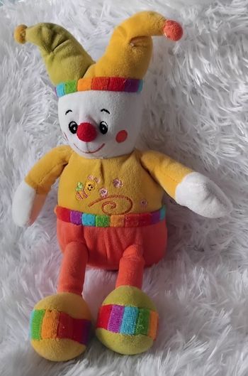 Doudou peluche arlequin- Grelot - jaune et orange - abeilles et fleurs