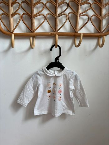 T-shirt blanc fleurs manches longues Obaïbi 3 mois