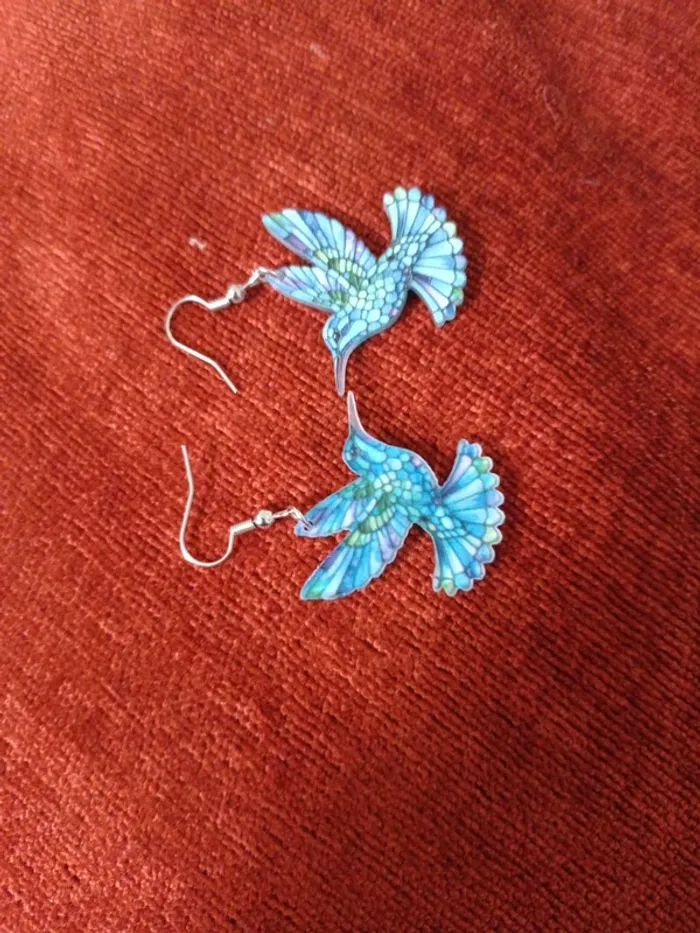 Boucles d'oreilles oiseaux colibris bleu - photo numéro 2