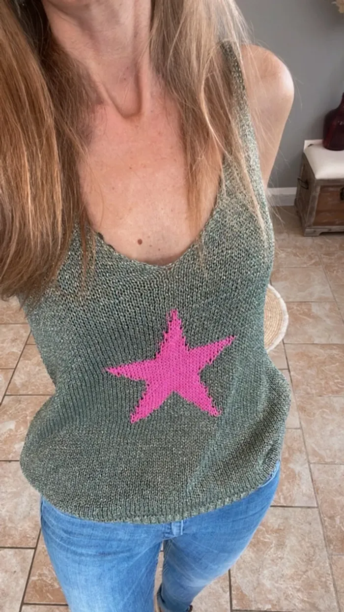 Débardeur vert doré irisé avec étoile rose-Taille unique - photo numéro 3