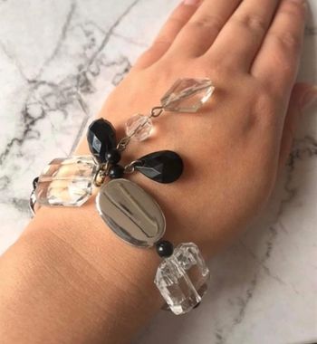 Bracelet fantaisie neuf perles argenté noir transparent