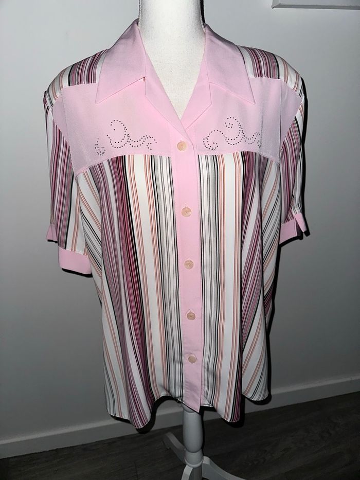 Chemisier à rayures et strass rose et blanc Y2K Vintage T46 3XL - photo numéro 2