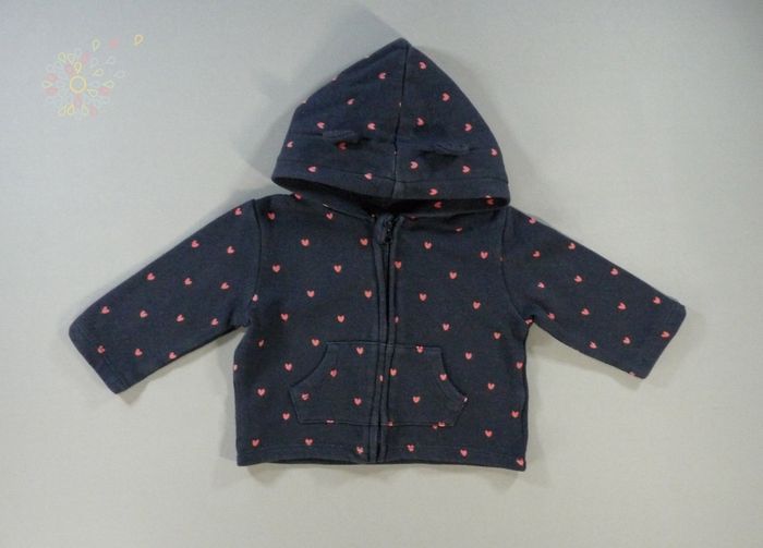 Veste sweat capuche molleton bleu marine rouge cœurs KIABI 6 mois 63 – 69 cm fille