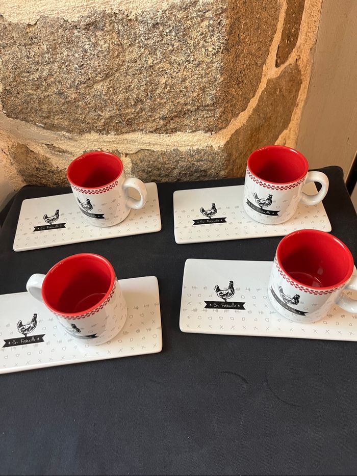 Magnifique lot de 4 tasses et 4 sous tasses  style campagne, poules - photo numéro 6