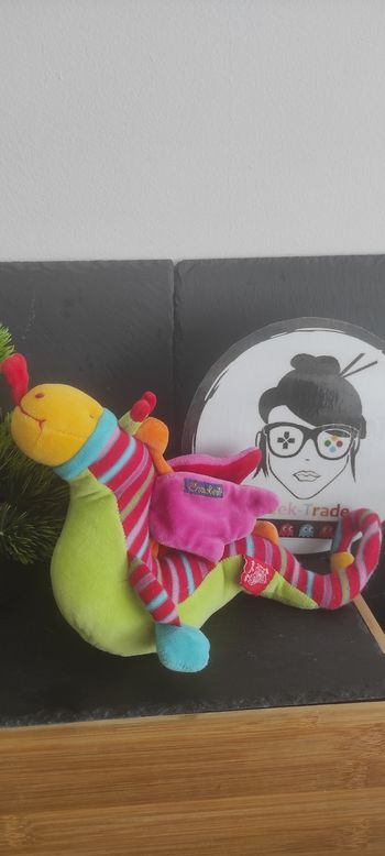 Peluche doudou dragon Dragobert Moulin Roty ancien pouet vert rouge rose bleu ra