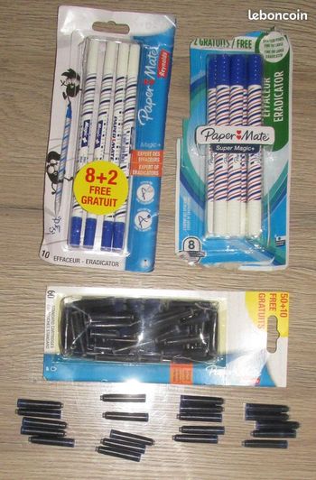 Lot 11 effaceurs + 80 cartouches encre Paper Mate