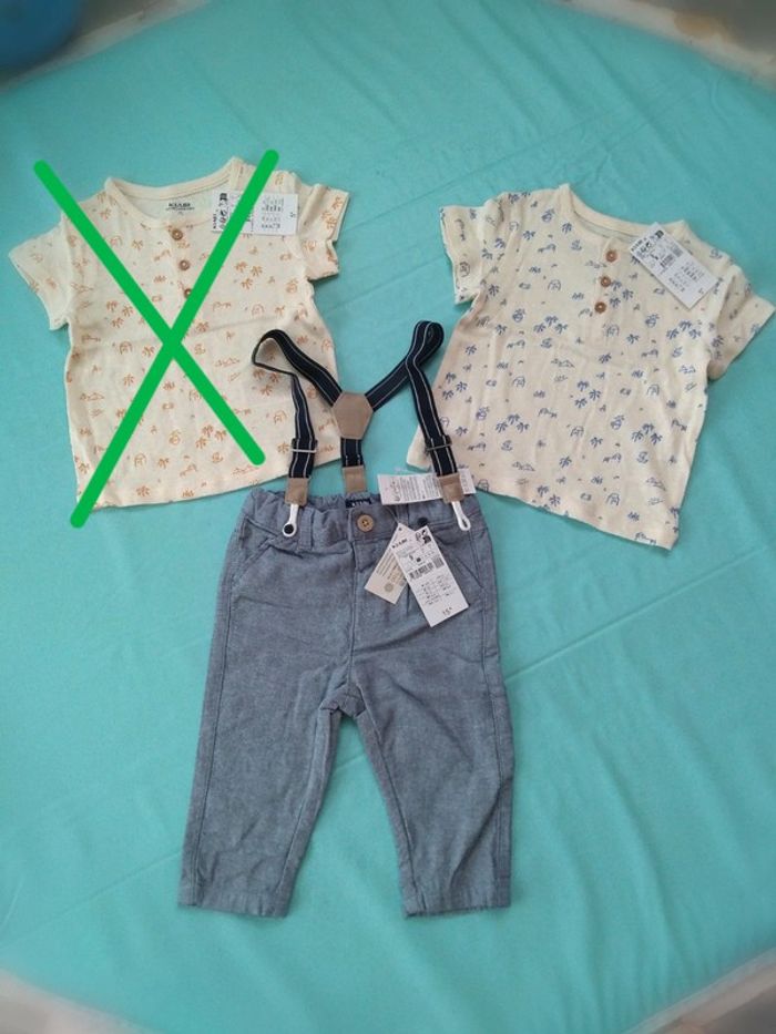 * Ensemble Pantalon bleu + T-shirt blanc cassé imprimés bleu en coton ajourés T9M Kiabi
