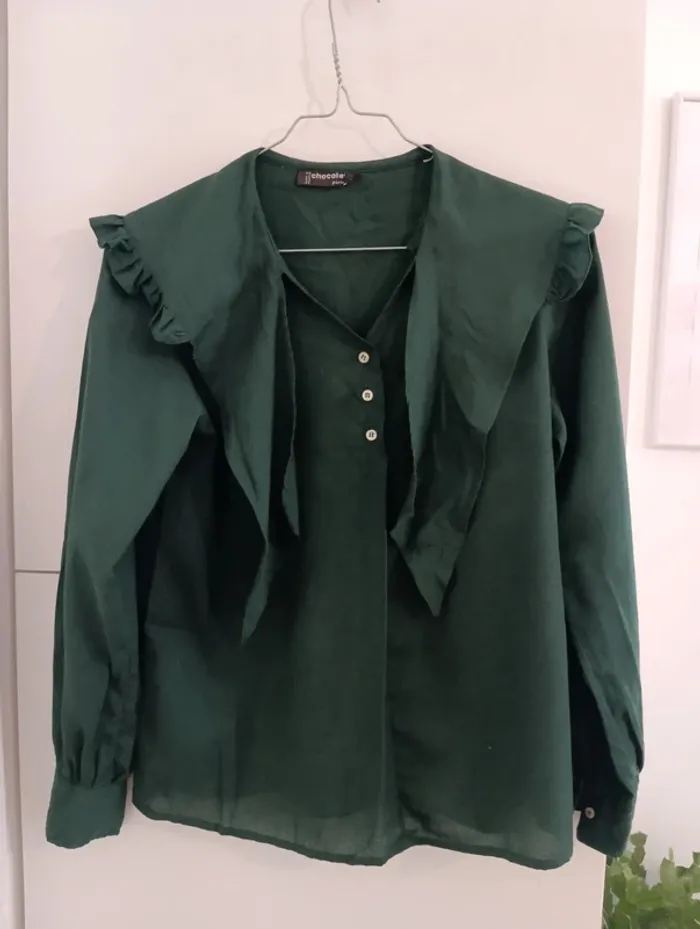 Blouse vintage coupe vareuse grand col vert foncé - photo numéro 6
