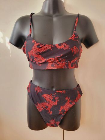 Maillot de bain 2 pièces bikini noir rouge dragon motif taille S 36