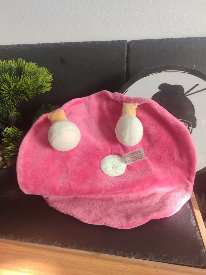 Doudou plat hippopotame rose vert orange chenille kiabi p9894 rond Bonnet Blanc - photo numéro 2