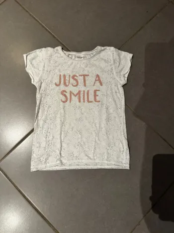 T shirt manches courtes - TAO - Just smile / Fleurs - Blanc, rose & argenté - 6 ans