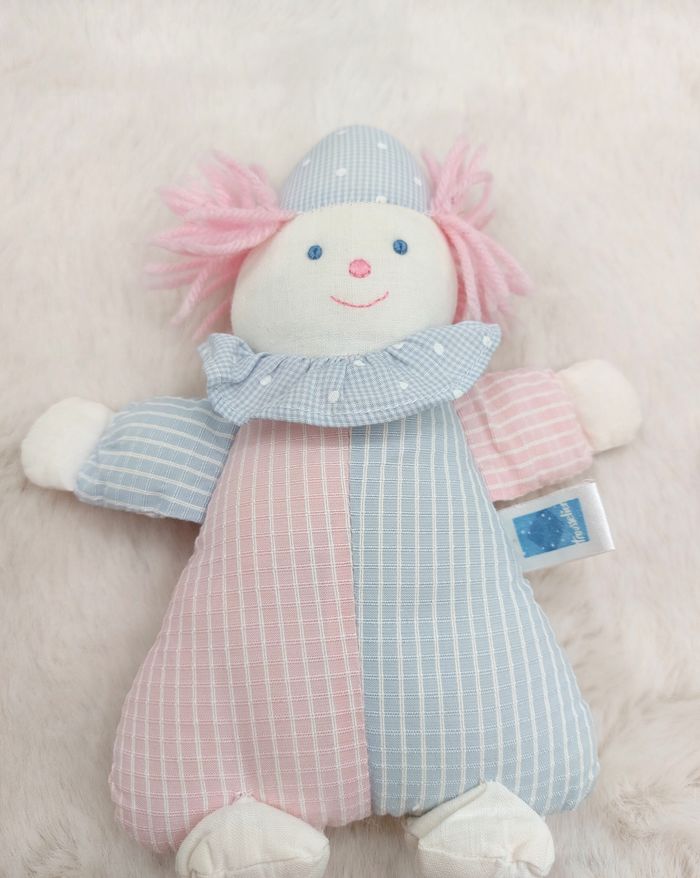 Ancien doudou petite peluche clown TROUSSELIER blanc bleu rose 19,5 cm Vintage - photo numéro 5