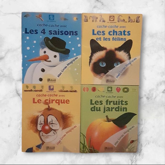 Lot de 4 Livres Cache-cache avec: Les 4 saisons, les chats, le cirque les fruits du jardin - Atlas