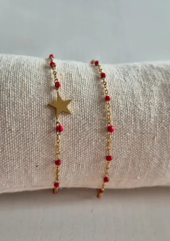 Lot de 2 bracelets dorée perles rouge 
🌸 en acier inoxydable