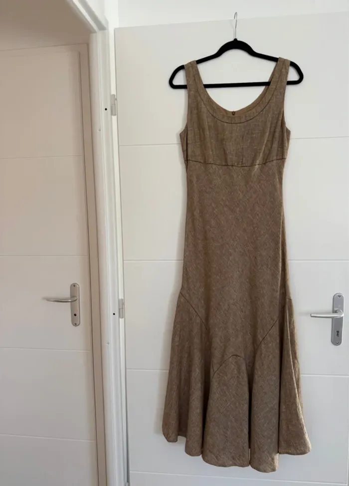 Robe longue marron bretelles été volant zip midi woman donna mujer 40 lin taupe Kleid dress Vestido